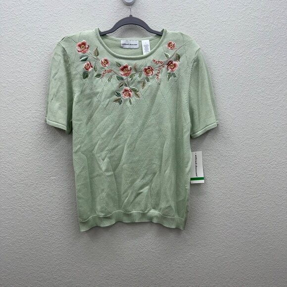 Alfred Dunner Green Floral Embroidered Short Sleeve Knit Sweater Womens sz Large - Picture 1 of 9